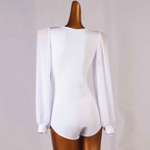 Puff sleeve Women girls Ballroom dance one-piece bodysuits  white top with square collar standard ballroom latin dance tops